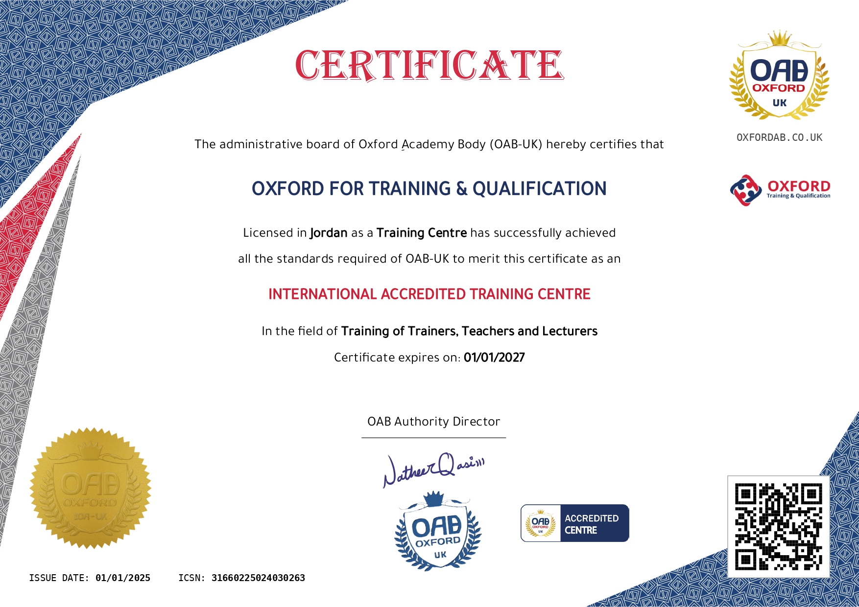 Training Centre Accreditation Certificate.